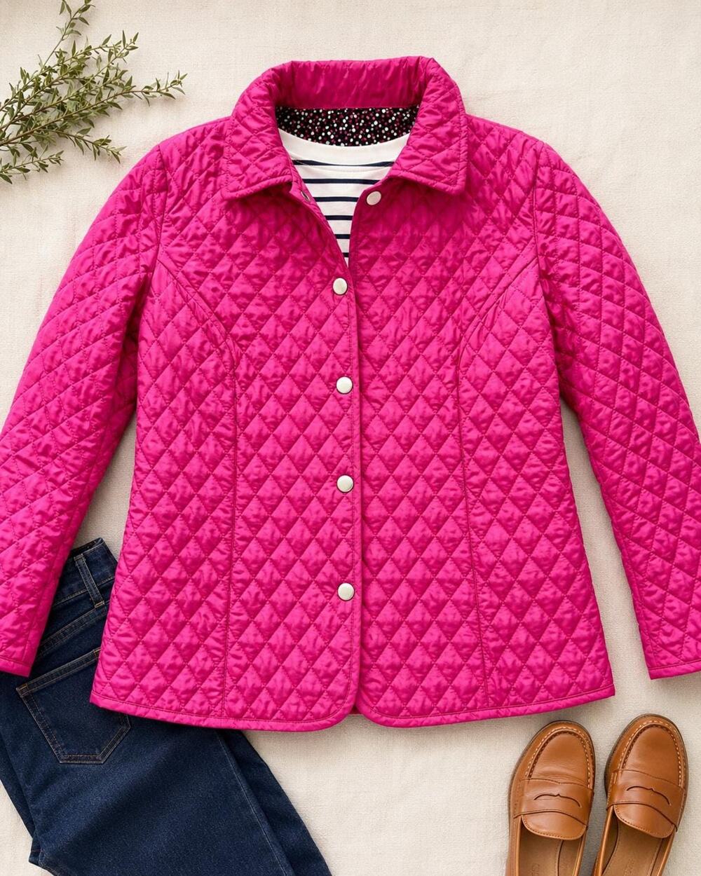 Vintage Tara Jones Hot Pink Quilted Barn Coat Petite Size 4P, Polka Dot Lining
